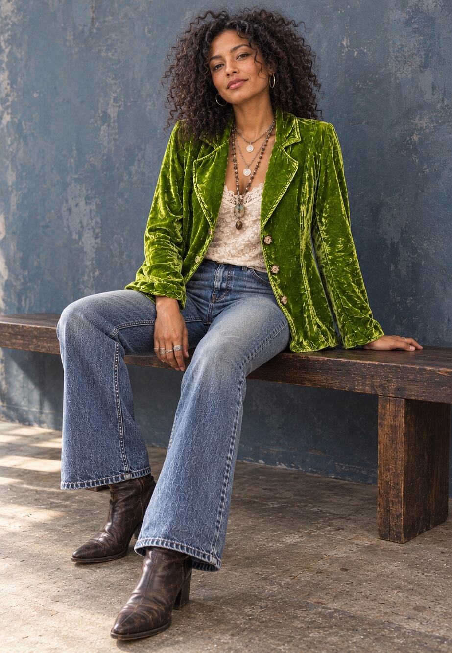 Loco Lindo Chartreuse Green Crushed Velvet Blazer Jacket Boho Whimsigoth
